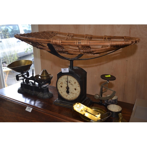 387 - Class 2 to weigh 1lb balance scales with weights, Boots family scale with wicker basket plus two oth... 