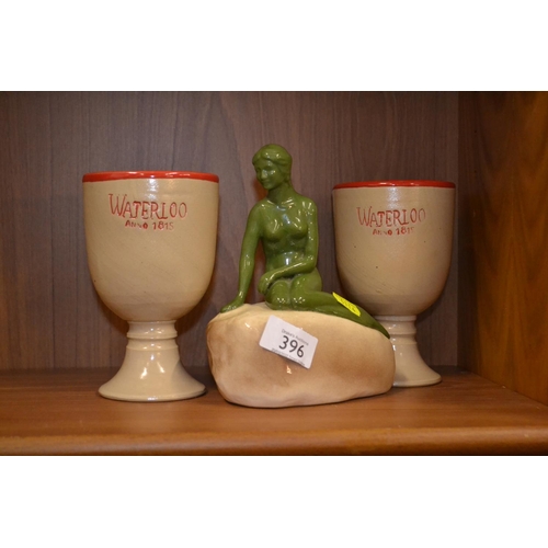 396 - Carlsberg lady on the rock plus two goblets water loo anno.