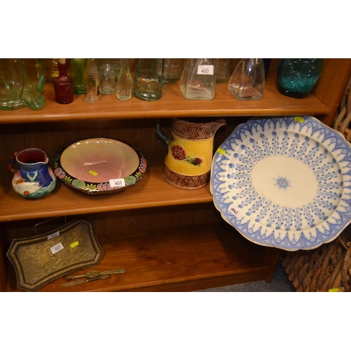 401 - Ducal Centre piece bowl, large majolica and hand painted Staffordshire jug, large blue and white mea... 