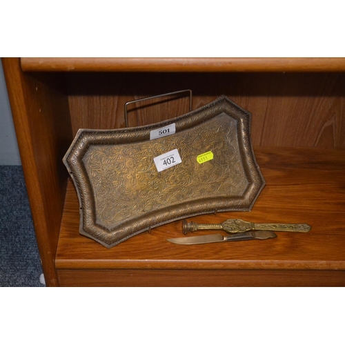 402 - Brass dragon embellished letter opener, Eastern tray & decorative knife