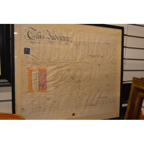417 - Framed Indenture on vellum of St Mary's church ,Babbacombe. 86cm x 76cm.