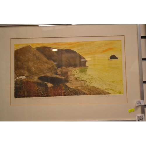 420 - Jenny Sanders-Signed ltd. ed. etching 15/25. Titled Evening at Trebarwith Strand. 64cm x 45cm inclus... 