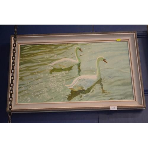 650 - Painting of Swans on a sparkling lake by Donal Greig. 80cm x 50cm framed