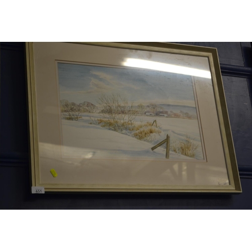 651 - Watercolour of a snowy scene, signed Lynne R Moore '82, framed 55.5cm x 73cm