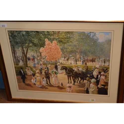 655 - Framed print of an Edwardian parkland event, 81cm x 66cm