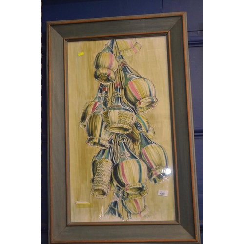 660 - Nicely framed original artwork of hanging wine bottles (signed)