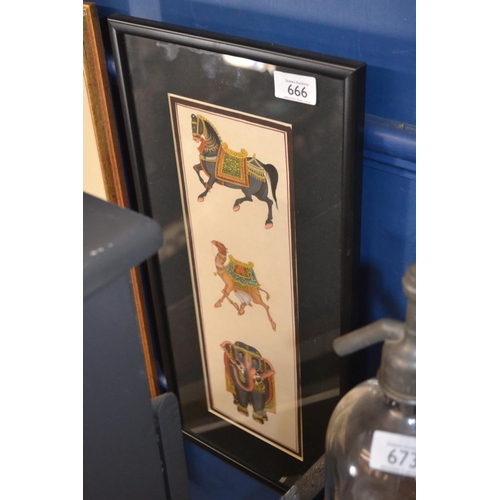 666 - Indian painted artwork on silk of horse, camel and elephant. 53x25.5 cm.&nbsp;