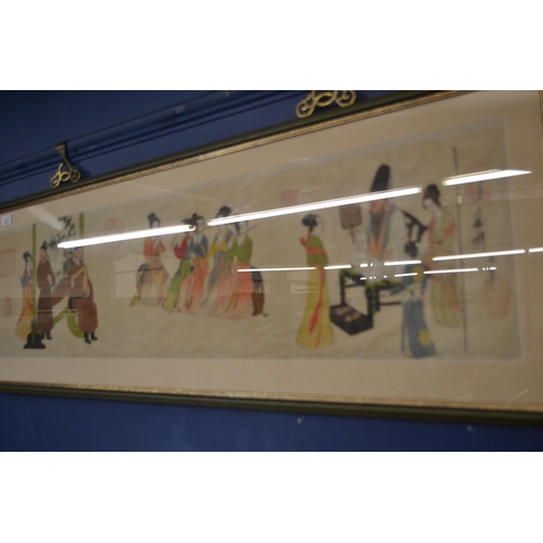 667 - Geisha band playing for master, on paper with 5 red seal marks 121 x 43cm