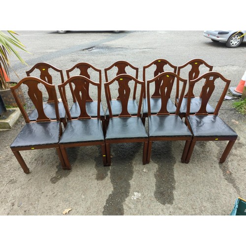 628 - Set of 10 hardwood framed, leather seated & horsehair filled dining chairs. 2 on display, remain... 