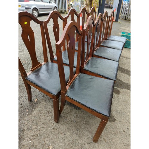 628 - Set of 10 hardwood framed, leather seated & horsehair filled dining chairs. 2 on display, remain... 