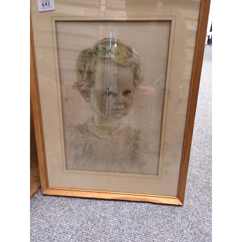 643 - Framed original portrait of a young girl, signed by artist, 1945