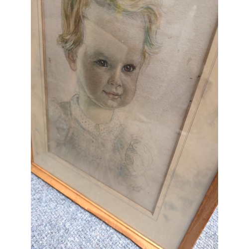 643 - Framed original portrait of a young girl, signed by artist, 1945