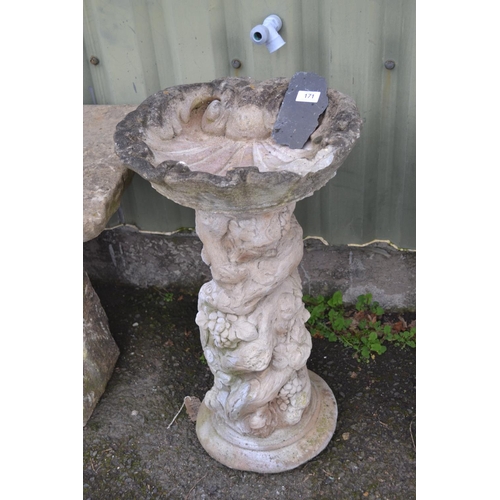 102 - Concrete garden bird bath with foliate support. AF, chipped edge. H72cm