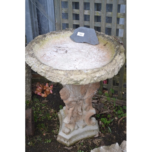 107 - Concrete bird bath with trio of cherub support. H61cm