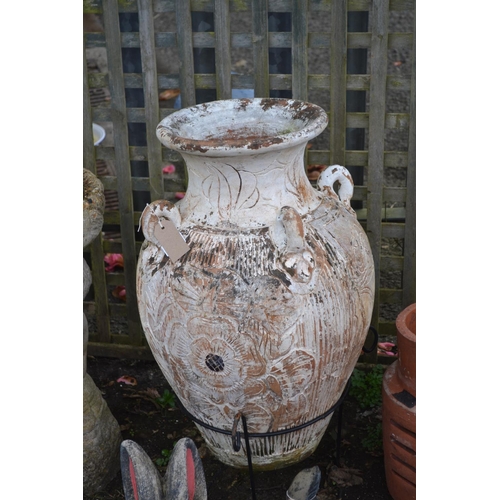 109 - Large painted terracotta pot on stand H74cm