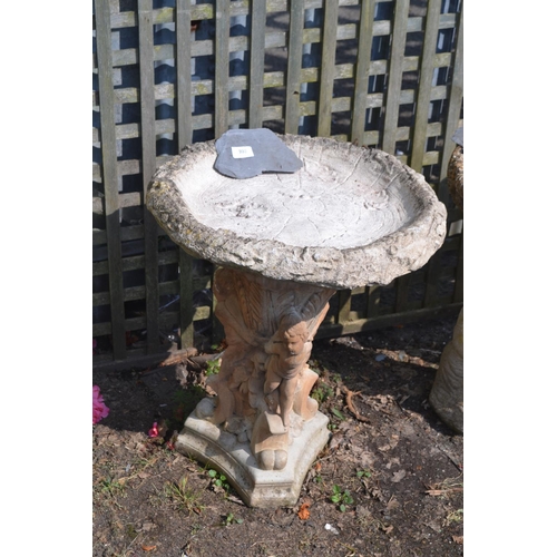 107 - Concrete bird bath with trio of cherub support. H61cm