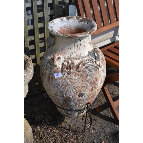 109 - Large painted terracotta pot on stand H74cm