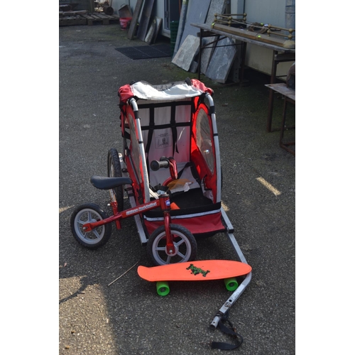 85 - Small bike trailer, with children's bike & small skateboard