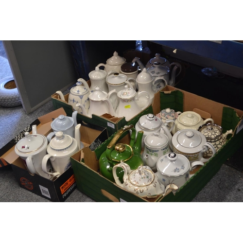 123 - 3 boxes of teapots and coffee pots. Most appear in good order.