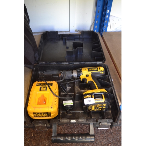 160 - DeWalt 18v cordless combi drill body with charger. Battery appears faulty.