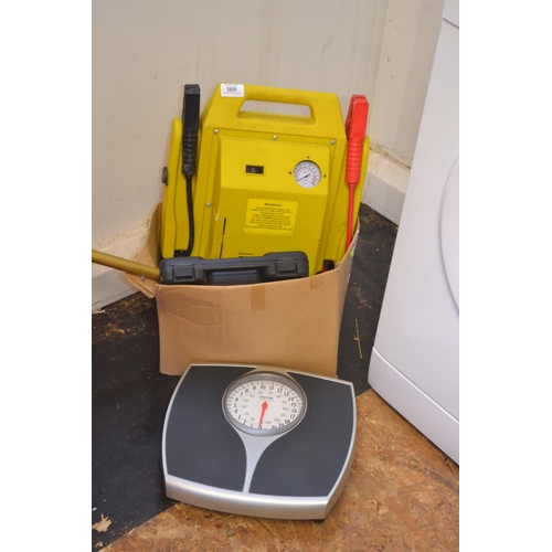 169 - Car jump pack, weighing scales & box of tools