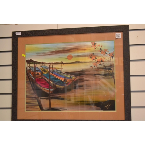 657 - Silk painting of traditional fishing boats, framed 65cm x 80cm