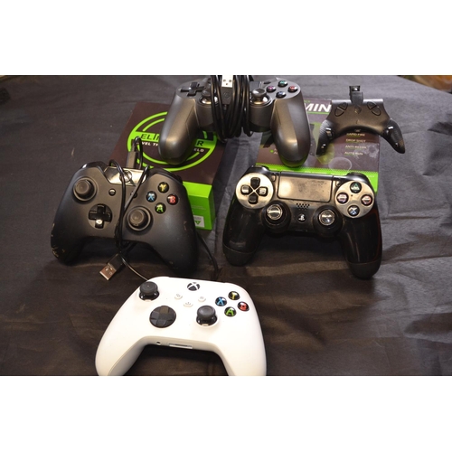 195 - Two wireless XBox 360 controllers, PS4 controller an Eliminator MOD pack plus third party PS4 contro... 