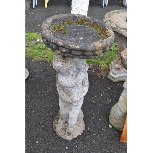 212 - Concrete garden bird bath with cherub support. H77cm