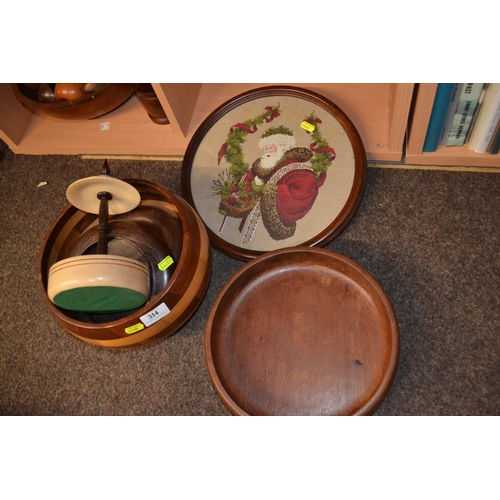 314 - Various turned wooden bowls + Turned wood jewellery stand Etc. 