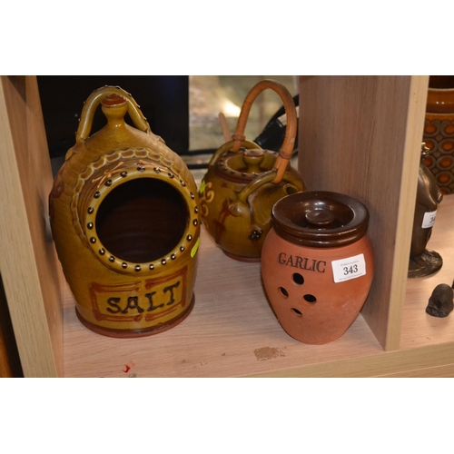 343 - 3 glazed terracotta items Inc teapot & salt pig.