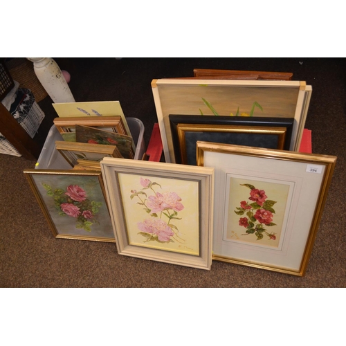 394 - Two boxes of various framed artworks, mostly floral still life