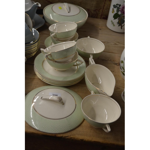 398 - Wedgwood Dec No.2761 Art Deco six soup bowls and plates with lidded tureen, plus jug (chip to rim) a... 