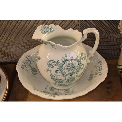 410 - Victorian wash jug and bowl with green floral pattern. 