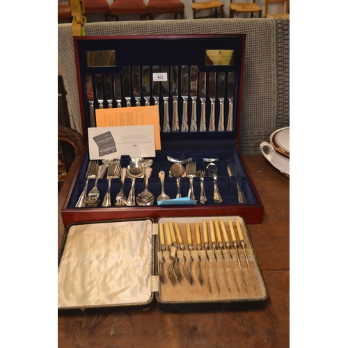 413 - Viner's parish collection cased silver plated ware + Other plated knife and fork set.