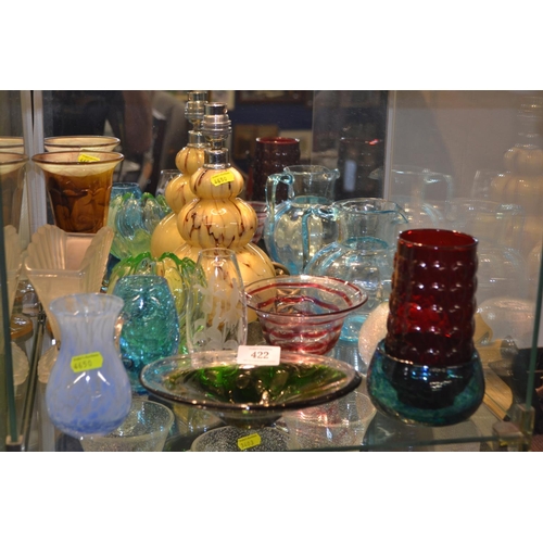 422 - Shelf of various coloured glass items