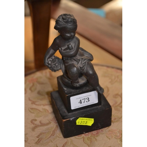 473 - Small bronze Putto figure on wooden base, h18cm