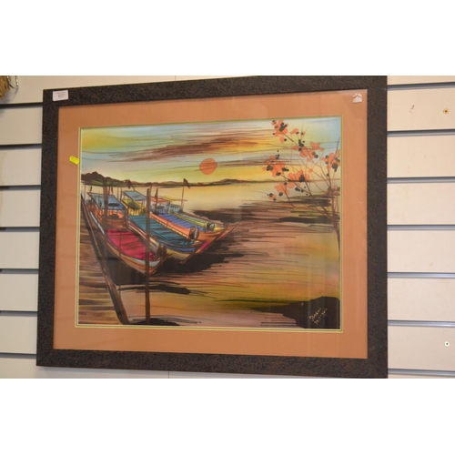 657 - Silk painting of traditional fishing boats, framed 65cm x 80cm