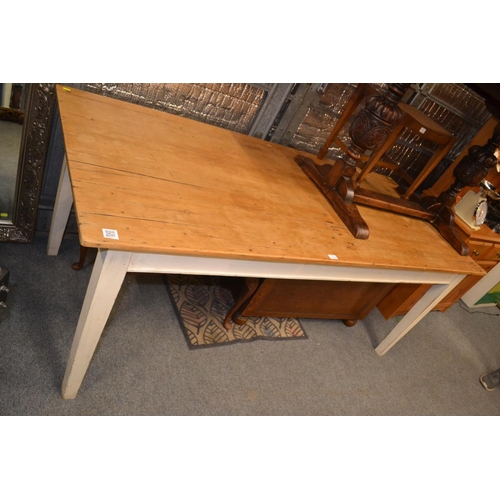 704 - Pine farmhouse kitchen table with single drawer and painted legs, W201cm x D88.5cm x H79cm