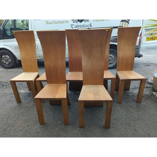 780 - 7 stylish contemporary oak highback dining chairs. H124cm