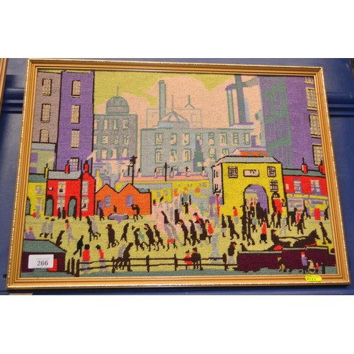 266 - Embroidery Lowrey style street scene 53 x 40cm