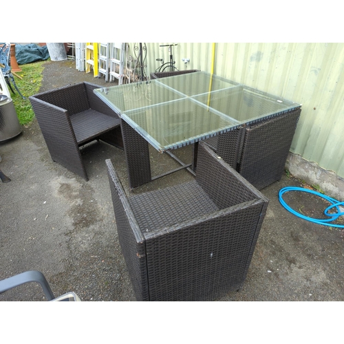 1 - Rattan, glass topped table with 4 hide-away tub chairs. Table 120x 120cm