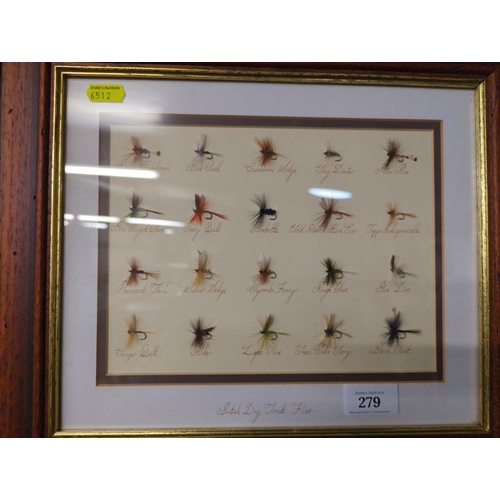 279 - 3 x framed fishing fly montages, wet trout flies, dry trout flies and salmon flies.