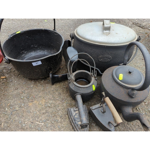 97 - Cast iron preserve pan, Baldwin lidded cook pot & other cast items