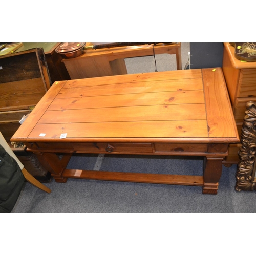 756 - Chunky pine coffee table with single drawer, W126cm x D66cm x H56cm