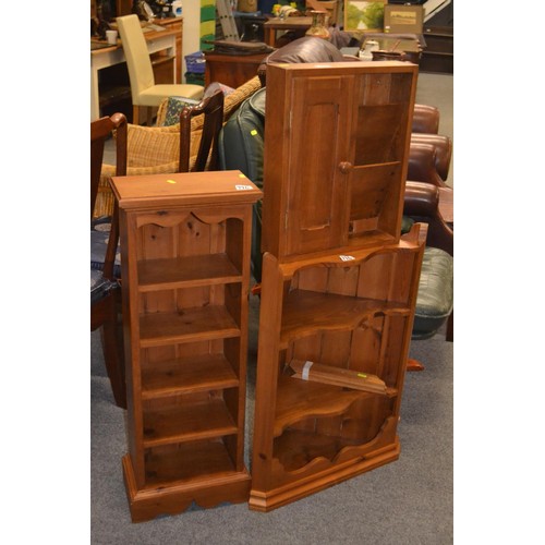 776 - Pine porch cupboard with key hooks and letter rack, plus small pine cd shelf unit and wall hanging c... 