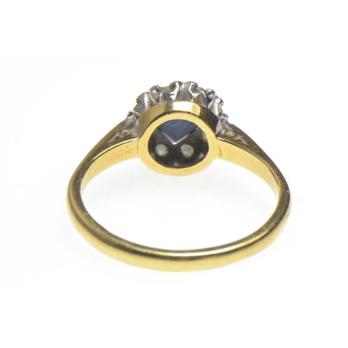 1 - 18ct gold cluster ring set with 0.4ct central sapphire & moissanite, size L, 3 grams