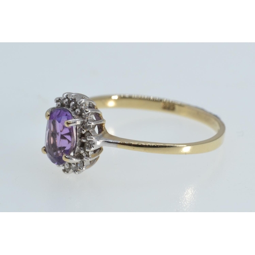 8 - 9ct gold, amethyst & diamond cluster ring, size P1/2, 1.7 grams