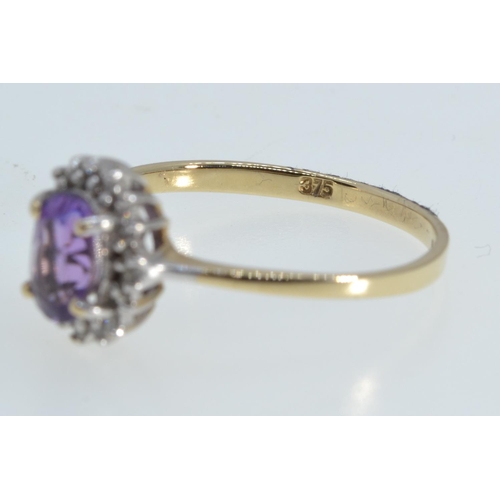 8 - 9ct gold, amethyst & diamond cluster ring, size P1/2, 1.7 grams