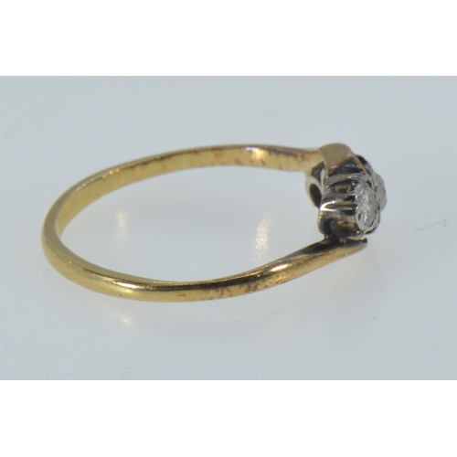 60 - Yellow metal & three stone diamond ring, marks rubbed but tests positive for 18ct gold, size O, ... 