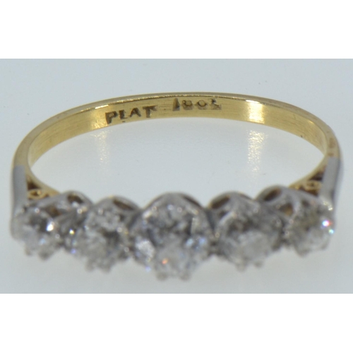 67 - 18ct gold, platinum & five stone diamond ring, size P1/2, 2.96 grams